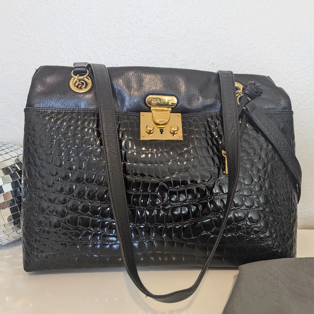 Bally Black Croc-Embossed Leather Shoulder Bag